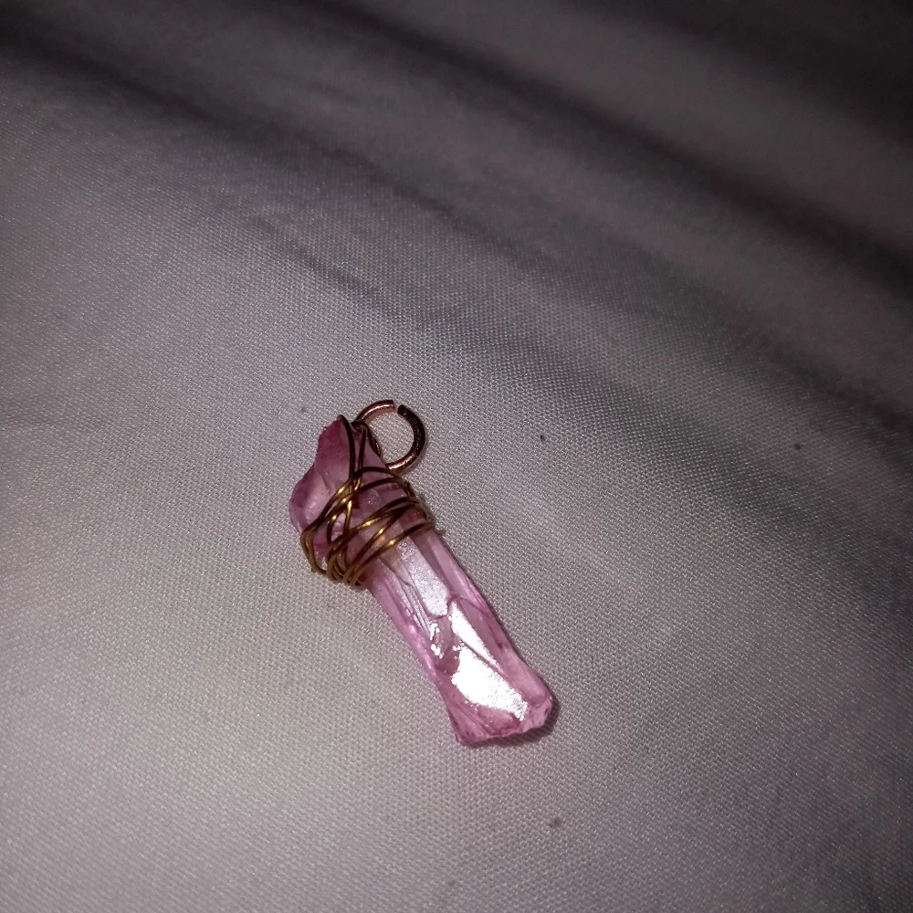 Pink rose quartz gemstone gold wire wrapped statement pendant hand crafted